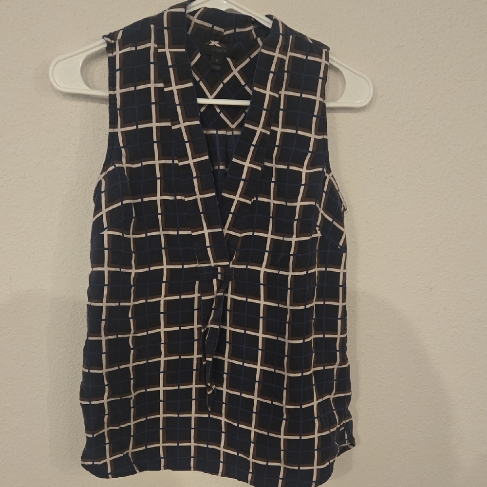 J. Crew Navy and White Checkered Sleeveless Blouse